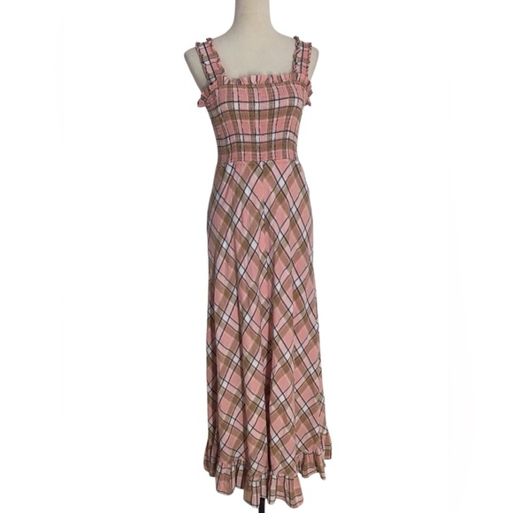 Sundays Beau Smocked Crystal Plaid Ruffle Hem Maxi Dress Cotton Linen Sz Large - Picture 5 of 10